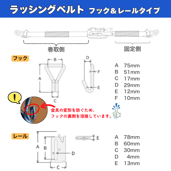 ラッシングベルト フック&レールタイプ (Jフック&Rフック)固定側1m+巻取側7m ISO9001認証工場で製造