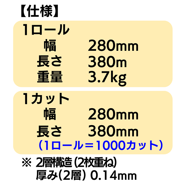 ペーパーウエス 幅280mm×長380m カットタイプ 1巻/2巻 (1幕=1000カット)