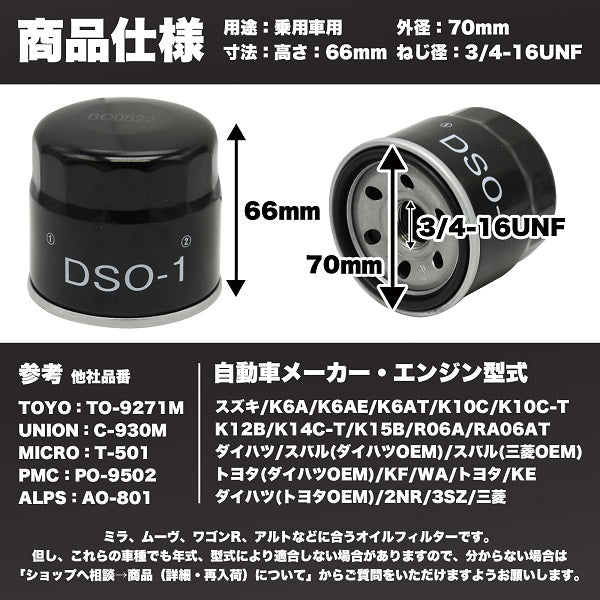 DSO-1 オイルフィルター（スズキ・ダイハツ・トヨタ・三菱・スバル）ISO9001認証工場で製造