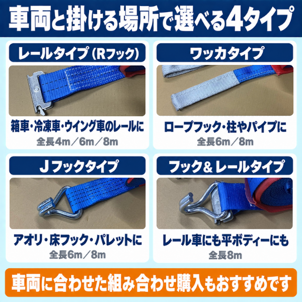 ラッシングベルト Jフック 50mm幅 破断荷重4000kg【固定1m＋巻取5m/7m】