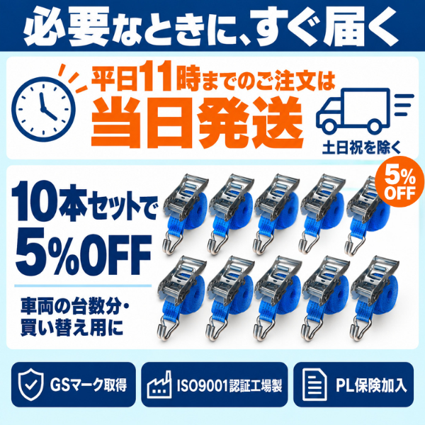 ラッシングベルト Jフック 50mm幅 破断荷重4000kg【固定1m＋巻取5m/7m】