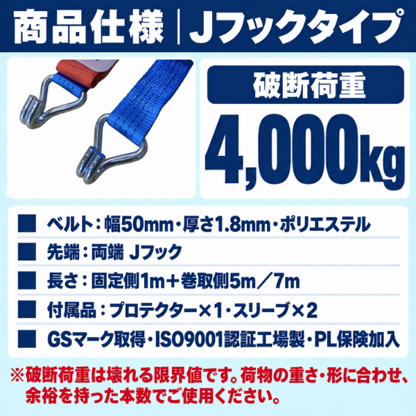 ラッシングベルト Jフック 50mm幅 破断荷重4000kg【固定1m＋巻取5m/7m】