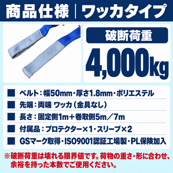 ラッシングベルト ワッカ（アイタイプ）50mm幅 破断荷重4000kg【固定1m＋巻取5m/7m】