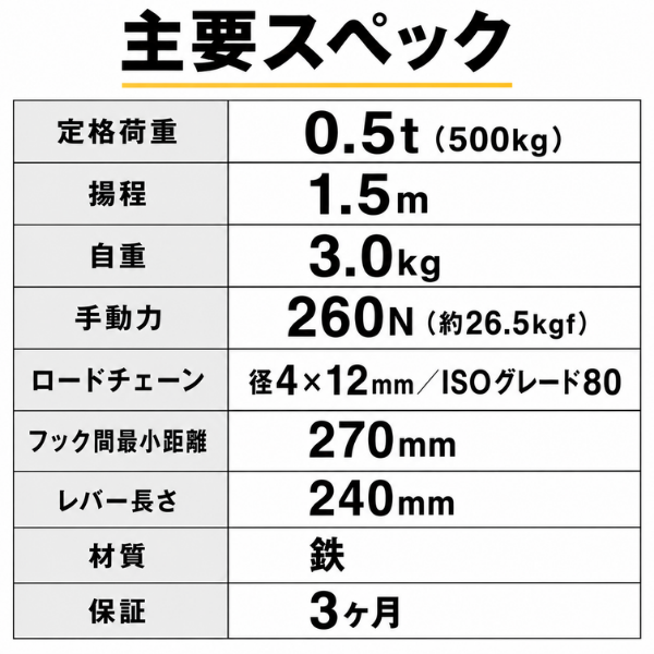 レバーホイスト 0.5t｜バイク整備・軽量作業に【CE認証・ISO9001】