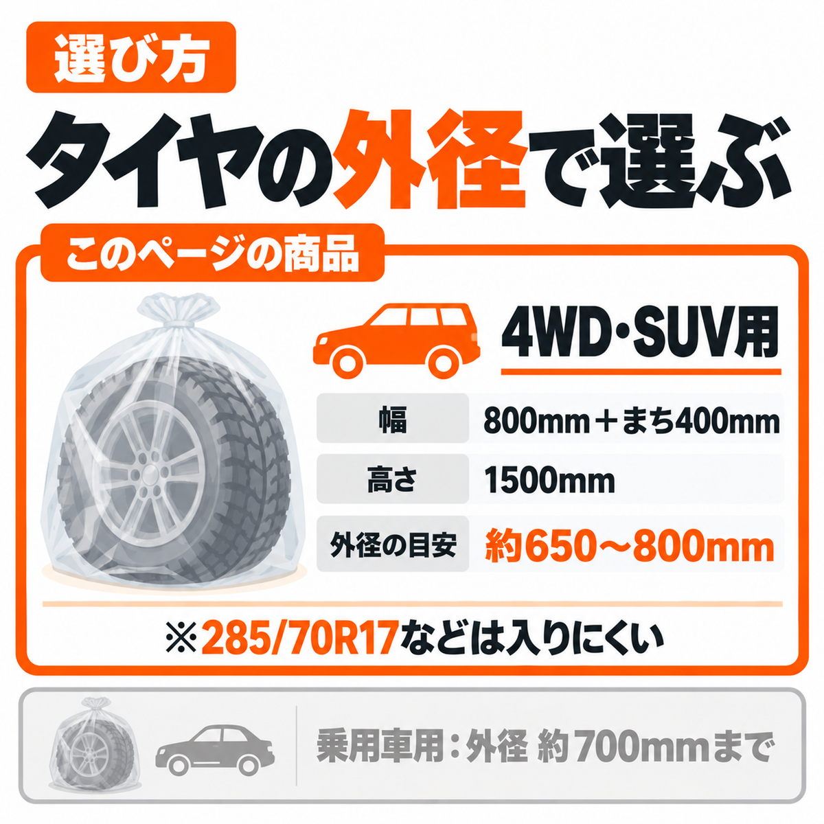 タイヤ袋 4WD・SUV用 100枚入｜大きめタイヤ保管袋 まち400mm・高さ1500mm 業務用