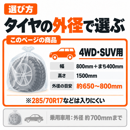 タイヤ袋 4WD・SUV用 100枚入｜大きめタイヤ保管袋 まち400mm・高さ1500mm 業務用