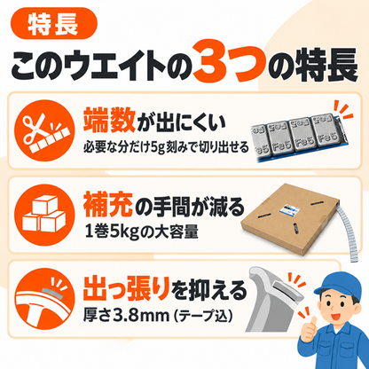 バランスウェイト 貼り付け ロール 5kg 鉄製（鉛フリー）シルバー 5g刻み アルミホイール用