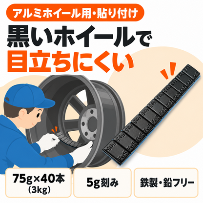 バランスウェイト 貼り付け 板状 鉄製（鉛フリー）ブラック 5g刻み 75g×40本（3kg）アルミホイール用