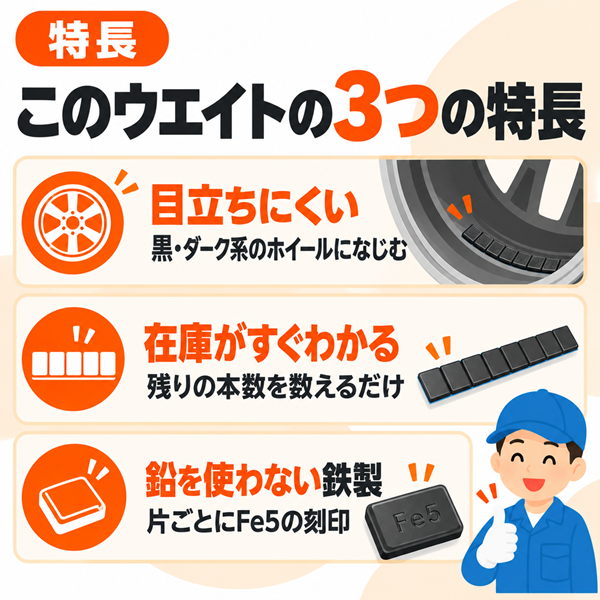 バランスウェイト 貼り付け 板状 鉄製（鉛フリー）ブラック 5g刻み 75g×40本（3kg）アルミホイール用