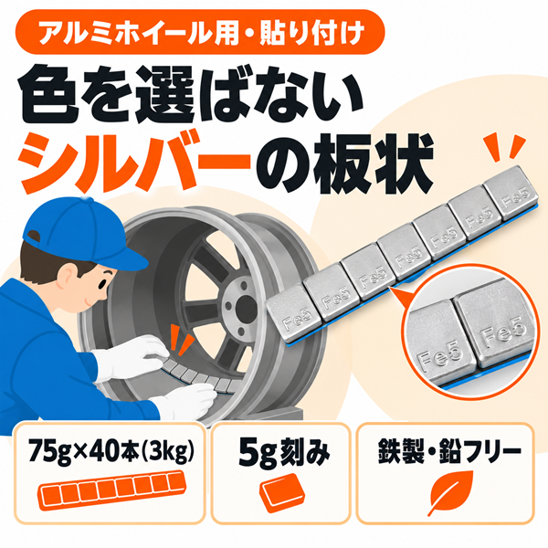 バランスウェイト 貼り付け 板状 鉄製（鉛フリー）シルバー 5g刻み 75g×40本（3kg）アルミホイール用