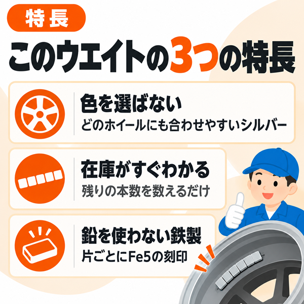 バランスウェイト 貼り付け 板状 鉄製（鉛フリー）シルバー 5g刻み 75g×40本（3kg）アルミホイール用