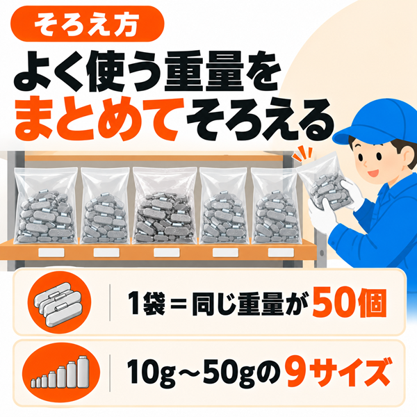 バランスウェイト 打込み スチールホイール専用 鉛製 10g〜50g（9サイズ）各50個入