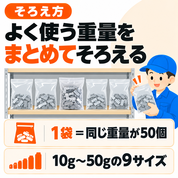 バランスウェイト 打込み 純正アルミホイール専用 鉛製 10g〜50g（9サイズ）各50個入